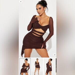 Fashion Nova Brown Long Sleeve Cutout Bodycon Dress